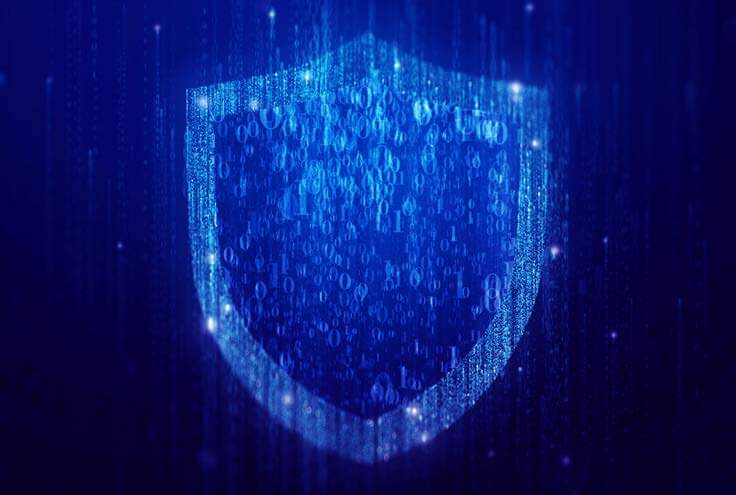 Blue Shield covered with code falling over it